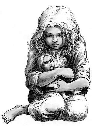 Sketch of a small girl holding a doll