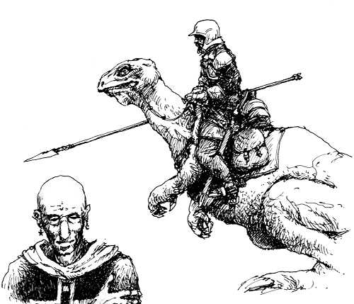 Sketches of a knight riding a strange animal and a monk