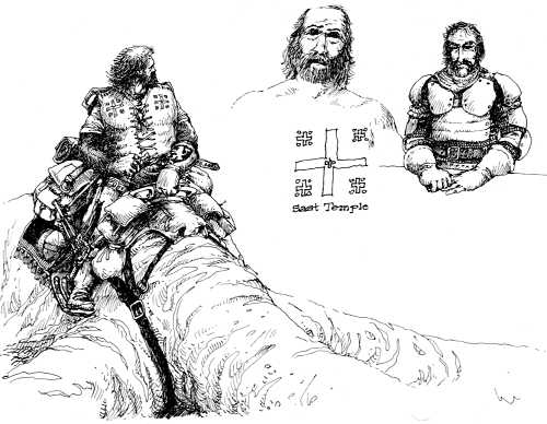 Sketches of knights, one flying a dragon