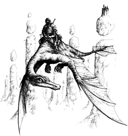 Sketch of a knight flying a dragon
