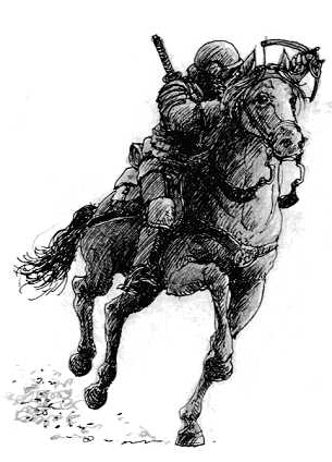 Sketch of knight riding horseback